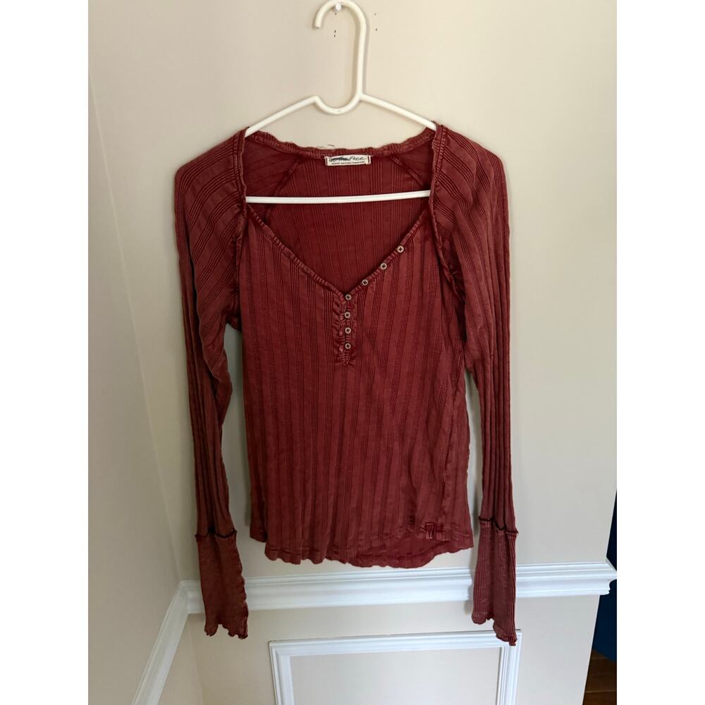 Free People Wild Hearts Long Sleeve Ribbed Henley Boho Top Preppy Going Out- M - Picture 2 of 9